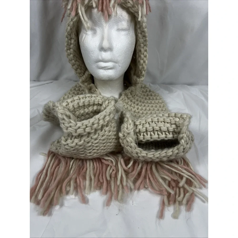 Girl's Crochet Hooded Scarf with‎ Ears/Mane/ Pink/Cream with Pockets